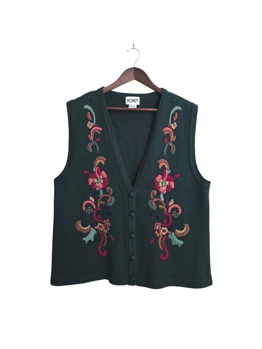 Koret Forrest Green Vintage Embroidered Grannycore Wool Blend Sweater Vest Sz L